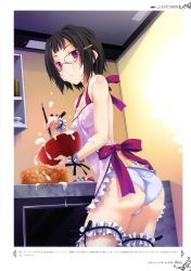 Rule 34 | 10s, 1girl, absurdres, apron, ass, black hair, blue panties, border, bowl, breasts, cake, cooking, cowboy shot, cream, cream on face, dutch angle, female focus, food, food on face, fruit, glasses, hair ornament, hairclip, heart, heart print, high school dxd, highres, holding, indoors, japanese text, kitchen, bridal garter, looking at viewer, looking back, mixing bowl, miyama-zero, nearly naked apron, no bra, official art, oven, page number, panties, partially translated, purple eyes, ribbon, scan, sexually suggestive, short hair, small breasts, solo, sona sitri, standing, suggestive fluid, thigh strap, translation request, twisted torso, underwear, whipped cream, whisk, white border, white panties, wrist cuffs, wrist ribbon