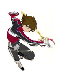 Rule 34 | 1boy, armor, boots, brown hair, commentary, english commentary, full body, greaves, hair between eyes, highres, holding, holding sword, holding weapon, jacket, knee boots, kor meteor, male focus, official art, pants, shield, smile, sword, tales of (series), tales of asteria, tales of hearts, transparent background, weapon