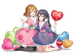 Rule 34 | 2girls, :d, balloon, black hair, black kimono, black pantyhose, blush, brown eyes, brown hair, closed mouth, commentary, cute took, english commentary, full body, hair between eyes, hair ornament, hairclip, heart balloon, highres, hirasawa yui, japanese clothes, k-on!, kimono, kneeling, long hair, long sleeves, looking at viewer, multiple girls, nakano azusa, no legwear, open mouth, pantyhose, pink footwear, pink kimono, red footwear, sandals, short hair, sidelocks, simple background, smile, teeth, twintails, upper teeth only, v, white background, zouri
