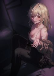 Rule 34 | 1girl, bad id, bad twitter id, bandaged arm, bandages, blonde hair, blush, breasts, cleavage, highres, large breasts, long hair, looking at viewer, medicine, momimi, original, pants, red eyes, shirt, sitting, smile, solo, sweater, syringe, tank top, white shirt