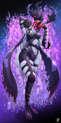 Rule 34 | 1girl, arm behind head, arm up, armpits, asymmetrical legwear, aura, belt, breasts, chain, claws, closed mouth, clothing cutout, curvy, demon, demon girl, digimon, digimon (creature), fallen angel, full body, highres, ladydevimon, large breasts, living clothes, long hair, looking at viewer, mask, monster girl, naughty face, navel, navel cutout, red eyes, revealing clothes, shiny skin, skindentation, skull print, smile, stitches, teng zhai zi, thighs, tongue, tongue out, wide hips
