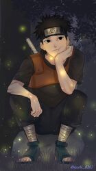 Rule 34 | arm on own leg, black eyes, black hair, bored expression, fireflies, forehead protector, frown, hand on own cheek, hand on own face, matching hair/eyes, naruto (series), rock, sitting, sitting on rock, spiked hair, squishing, sword, sword behind back, tree, uchiha shisui, weapon