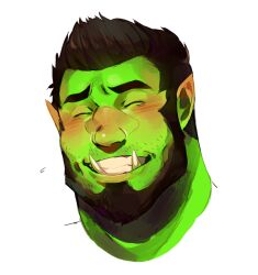 Rule 34 | 1boy, bara, beard, blush, colored skin, commission, ear blush, facial hair, furrowed brow, green skin, grin, highres, lokh, male focus, mature male, monster boy, mustache stubble, orc, original, pointy ears, portrait, short hair, smile, solo, stubble, thick eyebrows, tusks