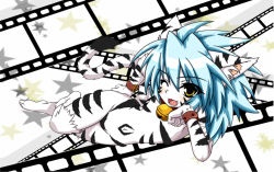 Rule 34 | 1girl, animal ears, bad id, bad pixiv id, bell, blue hair, blush, film strip, flat chest, fuurin rei, hand on own hip, jingle bell, long hair, lying, open mouth, original, smile, solo, star (symbol), tail, tomoyan (nyakkoya), wink, yellow eyes
