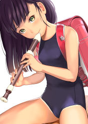 Rule 34 | 1girl, backpack, bag, black hair, blue one-piece swimsuit, breasts, commentary request, flute, green eyes, highres, holding, holding instrument, instrument, jishimaru, leaning forward, long hair, music, one-piece swimsuit, original, playing instrument, randoseru, recorder, school swimsuit, simple background, sitting, small breasts, smile, solo, spread legs, swimsuit, thighs, white background