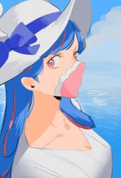 Rule 34 | 1girl, ahoge, blue hair, blue sky, cloud, covered mouth, curled horns, day, dinosaur girl, horns, long hair, looking at viewer, mask, mouth mask, multicolored hair, ocean, one piece, outdoors, pink eyes, pink hair, pink mask, raine (acke2445), shirt, sky, solo, streaked hair, ulti (one piece), water, white headwear, white shirt