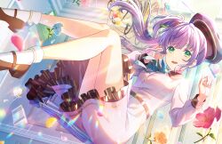 Rule 34 | 1girl, aqua ribbon, blue flower, blue ribbon, book, breasts, brown footwear, chandelier, dream believers (love live!), dress, dutch angle, floating, flower, frilled dress, frills, full body, game cg, hair bun, hair flower, hair ornament, hand to head, highres, legs up, link! like! love live!, long hair, long sleeves, looking at viewer, love live!, mary janes, medium breasts, neck ribbon, official art, open mouth, otomune kozue, petals, pink dress, purple hair, red flower, ribbon, shoes, side ponytail, single side bun, solo, striped ribbon, third-party source