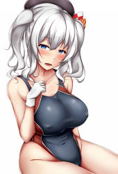 Rule 34 | 1girl, alternate costume, bad id, bad pixiv id, beret, black hat, blue eyes, blue one-piece swimsuit, breasts, cameltoe, collarbone, competition swimsuit, covered navel, gloves, hat, highleg, highleg swimsuit, highres, kantai collection, kashima (kancolle), large breasts, multicolored clothes, multicolored swimsuit, one-piece swimsuit, red one-piece swimsuit, sidelocks, silver hair, simple background, sitting, solo, swimsuit, terakoya, twintails, wavy hair, white background, white gloves