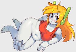 Rule 34 | 1girl, ahoge, android, barefoot, big belly, blonde hair, blue eyes, bottomless, breasts, commentary, curly brace, doukutsu monogatari, english commentary, joints, long hair, medium breasts, navel, oekaki, plump, robot ears, robot joints, solo, tank top, toes, wamudraws