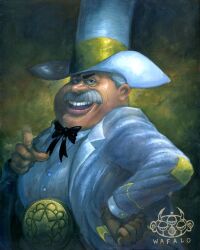 Rule 34 | 1boy, acrylic paint (medium), artist logo, artist name, black bow, black bowtie, black ribbon, blue eyes, bow, bowtie, doug dimmadome, grey hair, hand on own hip, highres, jacket, looking at viewer, male focus, mustache, open mouth, painting (medium), pointing, pointing at viewer, ribbon, shirt, short hair, solo, star (symbol), teeth, the fairly oddparents, thick mustache, traditional media, upper body, upper teeth only, wafalo, white headwear, white jacket, white shirt