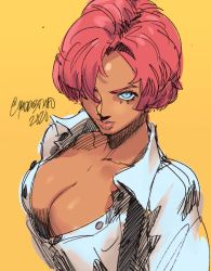 Rule 34 | 1girl, blue eyes, brazil, breasts, cleavage, collared shirt, commentary, dark skin, dark-skinned female, english commentary, giovanna (guilty gear), guilty gear, guilty gear strive, hair over one eye, large breasts, maddestmao, no bra, partially unbuttoned, red hair, shirt, short hair, sketch, solo, suspenders, upper body, white shirt, yellow background