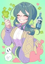 Rule 34 | 1girl, alcohol, blush, bottle, closed eyes, clover, clover hair ornament, facing viewer, green background, green hair, grin, hair ornament, heart, highres, index finger raised, indie virtual youtuber, jacket, long hair, long sleeves, shirt, smile, solo, sumi suya, sunao na kapipara, sweater jacket, upper body, virtual youtuber, white shirt, wine bottle
