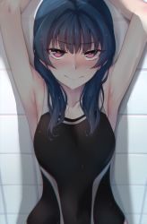 Rule 34 | 1girl, armpits, arms up, blue hair, competition swimsuit, highres, long hair, looking at viewer, love live!, love live! sunshine!!, nasuno (nasuno42), one-piece swimsuit, purple eyes, shadow, solo, swimsuit, tears, tsushima yoshiko, wet, wet hair