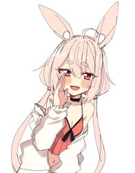 Rule 34 | 1girl, ahoge, animal ear fluff, animal ears, blush, breasts, rabbit ears, camisole, choker, cleavage, hand to own mouth, highres, jacket, leaning forward, long hair, low twintails, midriff, navel, off shoulder, oomori (kswmr), open mouth, pink eyes, pink hair, red camisole, simple background, small breasts, smile, solo, tomari mari, tomari mari channel, twintails, upper body, virtual youtuber, white background, white jacket