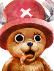 Rule 34 | :p, animal, antlers, blue nose, body fur, brown hair, creature, furry, hat, horns, lack, one piece, open mouth, pink hat, realistic, reindeer, simple background, solo, tongue, tongue out, tony tony chopper, top hat, white background