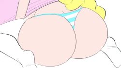 Rule 34 | 1girl, animated, ass, ass shake, audible music, backboob, blonde hair, breasts, cassie (theycallhimcake), gigantic breasts, huge ass, long hair, looking at viewer, looking back, music, original, panties, sitting, solo, sound, striped clothes, striped panties, tagme, theycallhimcake, thighhighs, underwear, video, wariza, white thighhighs