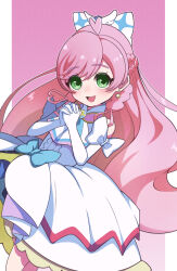 Rule 34 | 1girl, ascot, bow, braid, brooch, commentary, cure prism, dress, dress bow, earrings, elbow gloves, french braid, gloves, green eyes, hair bow, highres, hirogaru sky! precure, interlocked fingers, jewelry, layered dress, long hair, looking at viewer, magical girl, medium dress, nijigaoka mashiro, open mouth, own hands together, pink background, pink hair, precure, sgnj1838, side braids, sleeveless, sleeveless dress, smile, solo, standing, very long hair, white ascot, white bow, white dress, white gloves, wing brooch, wing hair ornament