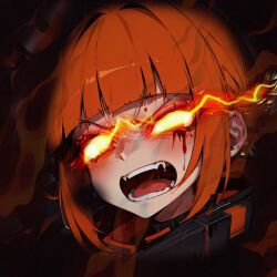 Rule 34 | angry, blood, blood on face, fire, furious, non-web source, open mouth, orange eyes, orange hair, screaming, toga himiko