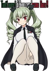 Rule 34 | 1girl, anchovy (girls und panzer), anzio school uniform, arm support, black cape, black footwear, black necktie, black ribbon, blush, cape, closed mouth, commentary, dress shirt, drill hair, emblem, full body, girls und panzer, green hair, hair ribbon, hand on own leg, head tilt, italian text, izumi (izumi p), legs, light blush, loafers, long hair, long sleeves, looking at viewer, miniskirt, necktie, panties, panties under pantyhose, pantyhose, pleated skirt, red eyes, ribbon, school uniform, shirt, shoes, simple background, sitting, skirt, smile, solo, translation request, twin drills, twintails, underwear, white background, white pantyhose, white shirt