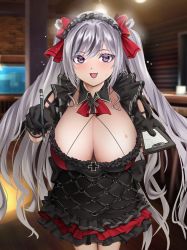 Rule 34 | 1girl, azur lane, black dress, black gloves, black hair, blurry, blurry background, bow, breasts, cross, dress, elbe (azur lane), elbe (time to show off?) (azur lane), fangs, frilled dress, frilled hairband, frills, gloves, hairband, haru (hr works), highres, holding, holding pen, huge breasts, indoors, iron cross, large breasts, layered dress, leaning forward, light purple hair, long hair, looking at viewer, multicolored hair, official alternate costume, open mouth, pen, puffy short sleeves, puffy sleeves, purple eyes, red bow, red dress, short sleeves, solo, streaked hair, two-tone hair, very long hair
