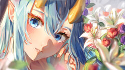 Rule 34 | 1girl, blue eyes, blue hair, blurry, blurry background, blurry foreground, commentary, dated, depth of field, english commentary, eyebrows hidden by hair, flower, hair between eyes, hand up, head tilt, horns, kobutanori, looking at viewer, original, parted lips, pointy ears, portrait, purple flower, red flower, signature, solo