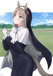 Rule 34 | 1girl, animal ears, bell, black dress, blush, bow, brown eyes, capelet, clenched hands, dress, eyelashes, gloves, habit, highres, horse ears, horse girl, horse tail, light brown hair, looking up, mizuiro 32, nijisanji, nun, parted bangs, ribbon, signature, sister claire, sister claire (1st costume), sky, solo, tail, traditional nun, umamusume, virtual youtuber, white background, white capelet, white gloves, white ribbon
