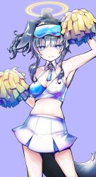 Rule 34 | 1girl, animal ears, arm up, armpits, bare shoulders, black hair, blue archive, blush, breasts, cheerleader, choker, cleavage, collarbone, cowboy shot, crop top, dog ears, dog girl, dog tail, eyewear on head, halo, hibiki (blue archive), hibiki (cheer squad) (blue archive), highres, holding, holding pom poms, long hair, looking at viewer, medium breasts, midriff, millennium cheerleader outfit (blue archive), miniskirt, navel, official alternate costume, pleated skirt, pom pom (cheerleading), pom poms, shirt, sia 6767, sidelocks, simple background, skirt, sleeveless, solo, standing, tail, twintails, white skirt