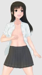 Rule 34 | 10s, 1girl, absurdres, bad id, bad pixiv id, black eyes, black hair, blouse, breasts, gluteal fold, green kaminari, grey background, highres, long hair, medium breasts, navel, no bra, open clothes, open shirt, school uniform, seiren, shirt, skirt, smile, solo, thighs, touno kyouko, unbuttoned