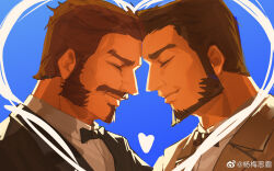 Rule 34 | 2boys, artist request, bara, beard, blue background, closed eyes, couple, facial hair, forehead-to-forehead, formal, from side, graves (league of legends), grey suit, heads together, heart, heart background, highres, husband and husband, league of legends, male focus, mature male, multiple boys, mustache, mutton chops, profile, short hair, suit, thick eyebrows, thick mustache, twisted fate, upper body