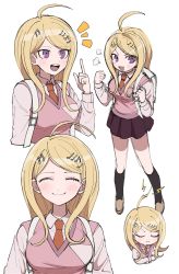 Rule 34 | 1girl, :d, ahoge, akamatsu kaede, backpack, bag, beamed eighth notes, black socks, blonde hair, blush, breasts, clenched hands, closed eyes, closed mouth, collared shirt, commentary request, cropped torso, danganronpa (series), danganronpa v3: killing harmony, eighth note, fortissimo, full body, hair ornament, hand up, hands up, highres, kneehighs, large breasts, long hair, long sleeves, looking at viewer, medium breasts, miniskirt, multiple views, musical note, musical note hair ornament, necktie, omochi ksw, open mouth, pink sweater vest, pink vest, pleated skirt, pout, school uniform, shirt, shoes, simple background, skirt, smile, socks, standing, sweater vest, upper body, vest, white background, white shirt