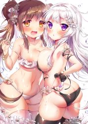 Rule 34 | 2girls, absurdres, ass, bikini, bikini pull, black bikini, black hair, blush, bracelet, breast press, breasts, brown hair, cleavage, clothes pull, collarbone, flower, hair flower, hair ornament, highres, jewelry, korean commentary, large breasts, long hair, looking at viewer, marin704, mole, mole on breast, mole on thigh, multiple girls, nail polish, navel, nipple slip, nipples, open mouth, original, parted lips, purple eyes, scrunchie, sideboob, sidelocks, simple background, smile, swimsuit, thigh strap, thighhighs, thighs, twintails, untied bikini, wet, white background, white bikini, white flower, white hair, white legwear, wrist scrunchie, yellow eyes