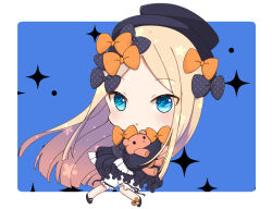 Rule 34 | 1girl, :o, abigail williams (fate), big head, black bow, black dress, black footwear, black hat, blonde hair, bloomers, blue background, blue eyes, bow, chibi, commentary request, dress, fate/grand order, fate (series), forehead, full body, hair bow, hat, hugging object, long hair, looking at viewer, nekomura yuyuko, orange bow, parted bangs, parted lips, polka dot, polka dot bow, shoes, solo, stuffed animal, stuffed toy, teddy bear, two-tone background, underwear, very long hair, white background, white bloomers