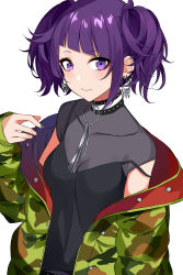 Rule 34 | 1girl, asato (fadeless), breasts, camouflage, camouflage jacket, collar, diagonal bangs, ear piercing, earrings, green nails, highres, idolmaster, idolmaster shiny colors, jacket, jewelry, looking at viewer, medium breasts, nail polish, open clothes, open jacket, piercing, purple eyes, purple hair, purple nails, simple background, sleeves past wrists, smile, solo, tanaka mamimi, twintails, upper body, white background