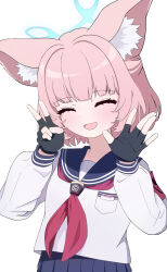 1girl absurdres animal_ear_fluff animal_ears armband blue_archive blue_halo blue_sailor_collar blush closed_eyes fox_ears fox_girl fox_platoon_(blue_archive) gloves halo highres long_sleeves neckerchief niko_(blue_archive) open_mouth pink_hair red_armband red_neckerchief sailor_collar sakigh school_uniform serafuku short_hair skirt smile solo v white_background