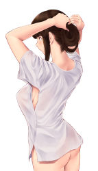 Rule 34 | 1girl, akagi (kancolle), alternate hairstyle, armpit cutout, arms behind head, ass, breasts, brown eyes, brown hair, clothing cutout, from behind, highres, holding, holding own hair, kantai collection, large breasts, long hair, nape, shirt, sideboob, sidelocks, simple background, solo, tying hair, wa (genryusui), white background, white shirt