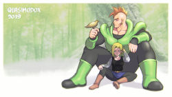 Rule 34 | 1boy, 1girl, android 16, android 18, armor, belt, bird, bird on hand, black pantyhose, blonde hair, blue eyes, blue skirt, boots, breasts, cowboy boots, dappled sunlight, dragon ball, dragonball z, earrings, height difference, highres, hoop earrings, jewelry, long sleeves, looking at animal, looking at viewer, medium breasts, miniskirt, mohawk, nature, orange hair, pantyhose, power armor, quasimodox, sitting, skirt, spiked hair, spread legs, sunlight