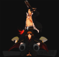 Rule 34 | 2boys, belt, black hair, brother, brothers, family, fire, formal, gun, hat, jacket, jacket on shoulders, jewelry, jolly roger, male focus, monkey d. luffy, multiple boys, muscular, necklace, necktie, one piece, one piece: strong world, open clothes, open shirt, pirate, portgas d. ace, red shirt, sandals, shirt, siblings, squatting, straw hat, weapon