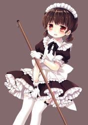 Rule 34 | 1girl, apron, black bow, black dress, blush, bow, brown background, brown eyes, brown hair, commentary request, covering privates, covering crotch, dress, dutch angle, frilled apron, frilled dress, frills, garter straps, gloves, holding, low twintails, maid, maid apron, maid headdress, open mouth, original, pleated dress, puffy short sleeves, puffy sleeves, sakurazawa izumi, short sleeves, short twintails, simple background, solo, thighhighs, twintails, wavy mouth, white apron, white gloves, white thighhighs