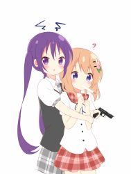 Rule 34 | &gt;:o, 2girls, :o, ?, blush, food, gochuumon wa usagi desu ka?, grey necktie, grey skirt, gun, holding, holding gun, holding weapon, hoto cocoa, long hair, looking at viewer, mouth hold, multiple girls, nagomi yayado, necktie, open mouth, plaid, plaid necktie, plaid neckwear, plaid skirt, pleated skirt, popsicle, purple eyes, purple hair, red skirt, sailor collar, school uniform, short sleeves, simple background, skirt, squiggle, tedeza rize, twintails, upper body, v-shaped eyebrows, vest, weapon, white background