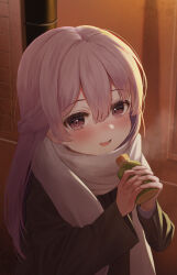 Rule 34 | 1girl, :d, black jacket, blush, bottle, braid, breath, brown eyes, commentary request, hair between eyes, highres, holding, holding bottle, jacket, long hair, long sleeves, looking at viewer, mimikaki (men bow), open mouth, original, outdoors, pink hair, scarf, smile, solo, upper body, very long hair, white scarf