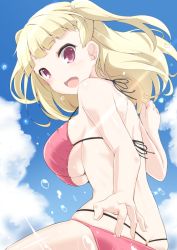 Rule 34 | 1girl, bad id, bad twitter id, bikini, blonde hair, blue sky, blunt bangs, blush, breasts, cloud, day, female focus, kichihachi, large breasts, light rays, long hair, looking at viewer, open mouth, red bikini, red eyes, sky, solo, sunbeam, sunlight, swimsuit, tokyo 7th sisters, twintails, two side up, uesugi u. kyouko, water drop