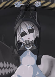Rule 34 | 10s, 1girl, abyssal ship, arms up, bdsm, bikini, bikini top only, blindfold, bondage, bound, bound wrists, breasts, cuffs, facing viewer, female focus, grey hair, hair between eyes, hair ornament, hairclip, hip focus, hood, hood up, image sample, kantai collection, medium breasts, navel, nico nico thumbnail, o-ring, o-ring bikini, o-ring top, parted lips, re-class battleship, resized, shackles, sharp teeth, short hair, simple background, swimsuit, teeth, upper body, utsushige