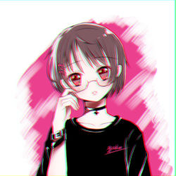 Rule 34 | 1girl, arm up, black choker, black shirt, bracelet, brown hair, choker, chromatic aberration, clothes writing, commentary request, cross, finger to face, glasses, head tilt, jewelry, looking at viewer, original, pendant, red eyes, shirt, short hair, solo, yizhi jiandan