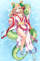 Rule 34 | 1girl, aqua eyes, barefoot, blonde hair, blush, breasts, dress, feet, hair ornament, hair ribbon, kaki s, looking at viewer, meimei (p&amp;d), open mouth, puzzle &amp; dragons, ribbon, smile, snake, solo, turtle shell