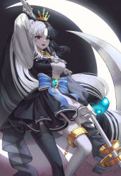 Rule 34 | 1girl, absurdres, arm up, asymmetrical legwear, black dress, black legwear, black skirt, blue bow, bow, braid, breasts, chain, collar, collarbone, crescent moon, crown, dress, feet out of frame, gem, grey eyes, hair ornament, heterochromia, highres, holding, holding scythe, holding weapon, huge filesize, jisu lee, large breasts, long hair, long sleeves, looking at viewer, metal collar, mismatched legwear, moon, multicolored clothes, multicolored dress, open mouth, original, over shoulder, ponytail, red eyes, scythe, skirt, smile, solo, striped, striped bow, very long hair, weapon, white dress, white legwear