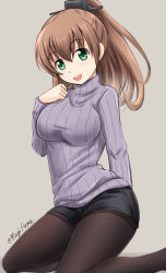 Rule 34 | 10s, 1girl, :d, alternate costume, black pantyhose, breasts, brown hair, fuuma nagi, green eyes, grey background, hair ornament, highres, kantai collection, kumano (kancolle), large breasts, long hair, looking at viewer, miniskirt, open mouth, pantyhose, ponytail, ribbed sweater, simple background, sitting, skirt, smile, solo, sweater, twitter username