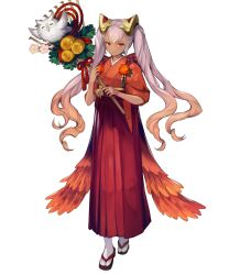Rule 34 | 1girl, dark-skinned female, dark skin, fire emblem, fire emblem heroes, highres, holding rake, japanese clothes, kimono, laevatein (fire emblem), laevatein (new year) (fire emblem), looking at viewer, multicolored hair, nintendo, non-web source, official alternate costume, official art, orange hair, quad tails, rake, red eyes, red kimono, sandals, smile, solo, tabi, tachi-e, two-tone hair, white hair