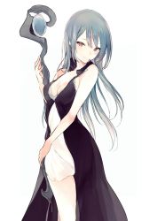 Rule 34 | 1girl, black dress, blue hair, blush, breasts, brown eyes, cleavage, closed mouth, dress, gown, holding, holding staff, long hair, looking at viewer, lpip, medium breasts, original, sidelocks, simple background, smile, solo, staff, standing, white background