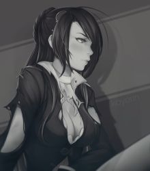 Rule 34 | 1girl, blush, bra, braid, breasts, cleavage, cleavage cutout, clothing cutout, commentary, frills, from side, girls&#039; frontline, greyscale, hair ornament, koyorin, large breasts, lee-enfield (girls&#039; frontline), long hair, monochrome, sitting, solo, thighhighs, torn clothes, underwear, uniform