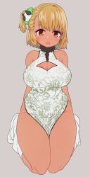 Rule 34 | 1girl, bare shoulders, blonde hair, breasts, brown eyes, china dress, chinese clothes, cleavage, cleavage cutout, clothing cutout, commentary request, curvy, dress, eyeshadow, fang, flat color, floral print, full body, grey background, grey dress, hair ornament, hair scrunchie, highres, kneeling, large breasts, loose socks, makeup, one side up, open mouth, original, pelvic curtain, scrunchie, simple background, sleeveless, sleeveless dress, socks, solo, sumiyao (amam), thick thighs, thighs, white legwear